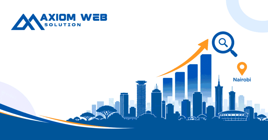 Axiom Web Solution, a top SEO company in Nairobi, Kenya, with a digital marketing skyline graphic and upward search ranking arrow