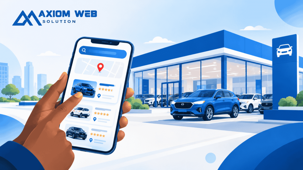 Modern illustration of a car dealership with vehicles and a smartphone showing online search results, a location pin, and star ratings, representing SEO for car dealers in Kenya.